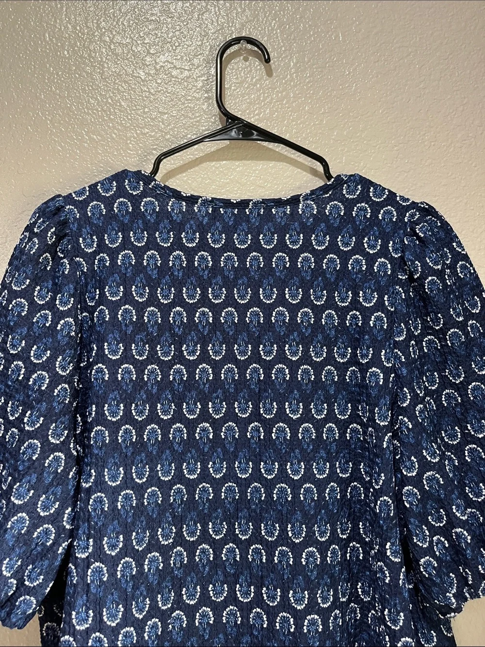 LOFT Navy Blue Retro Printed Peasant Top Sz L Boho Vacay Cottage Core Flowy